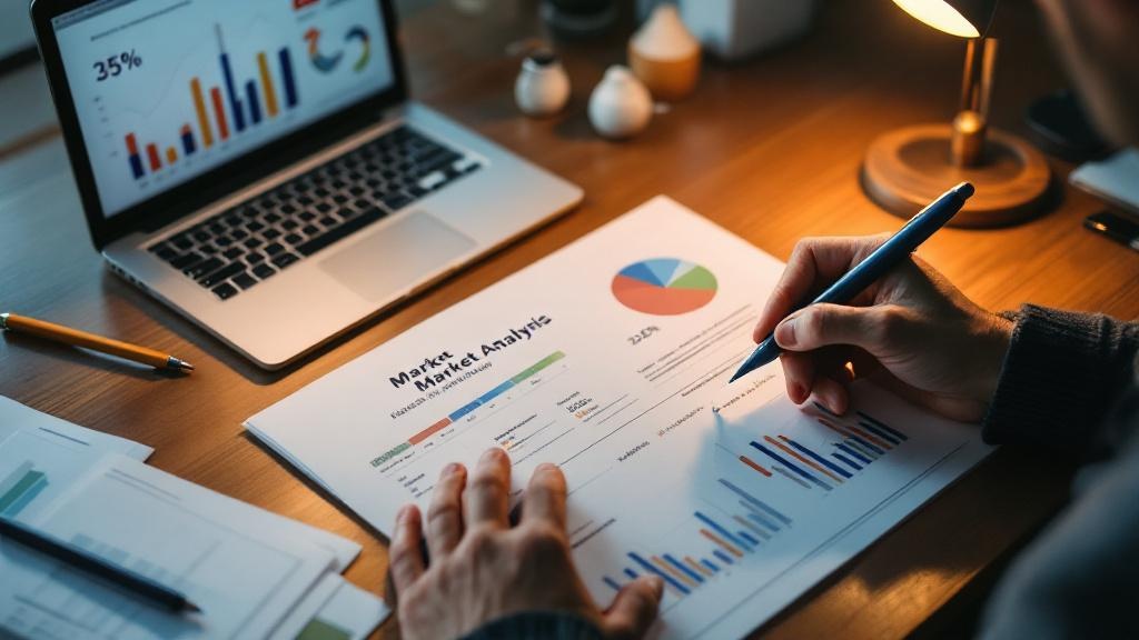Overhead view of a hand marking up a Japanese-language market report next to a laptop with blurred charts on a wooden desk