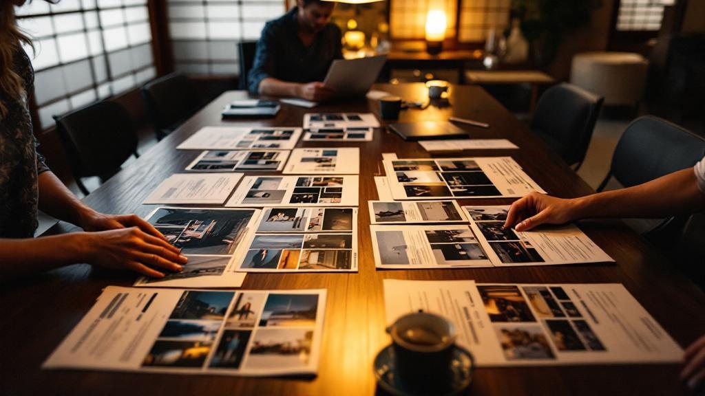Hands organizing production planning documents and location photographs on a dark wooden table in a Japanese meeting room