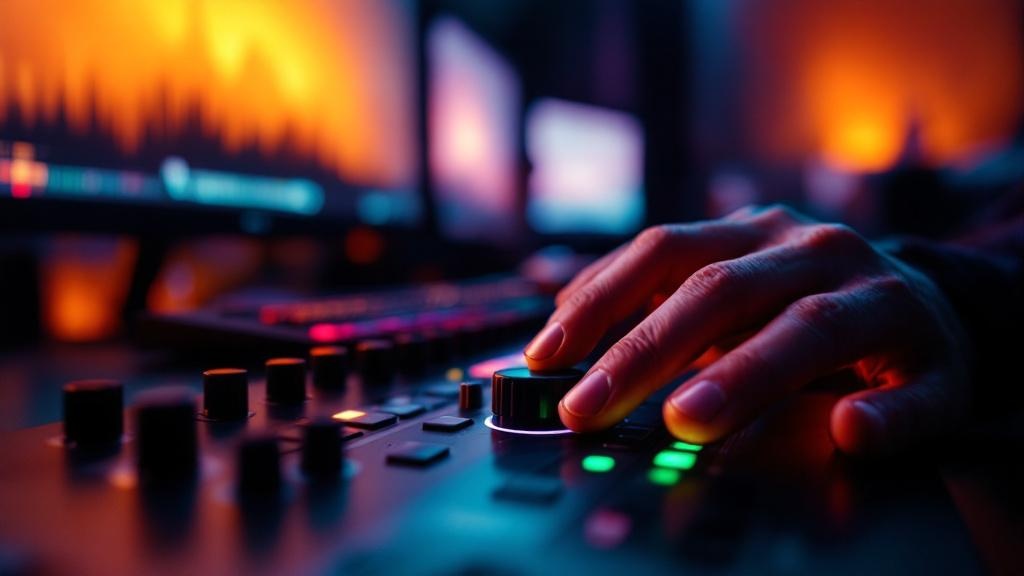 Close-up of hands adjusting a color grading trackball controller with blurred monitors showing color gradients in the background