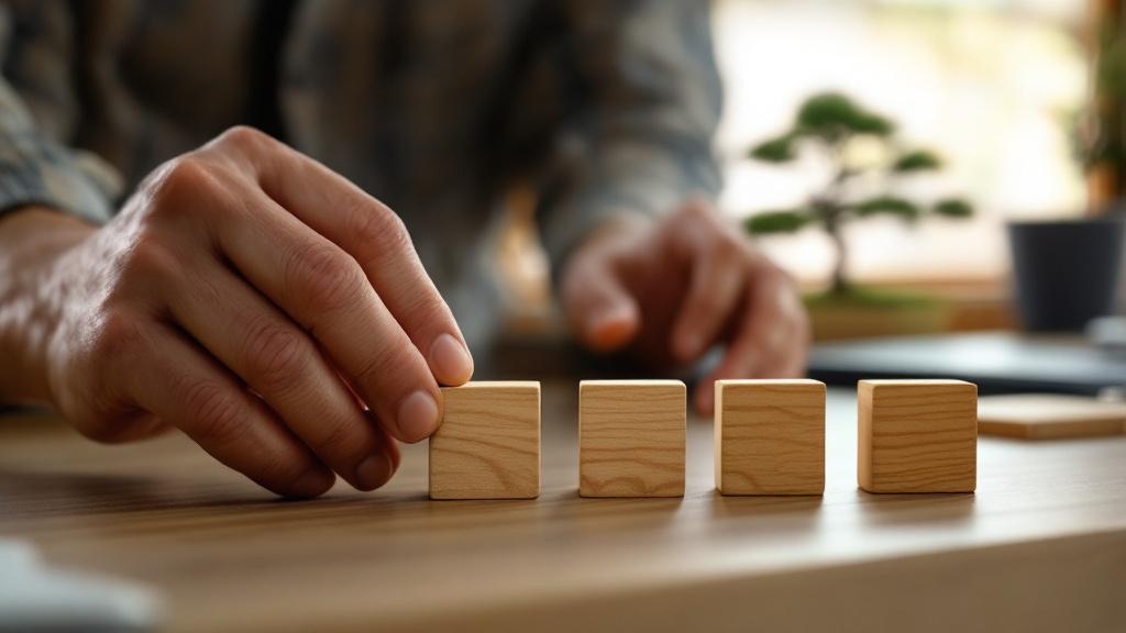 Hands arranging five wooden blocks on a minimalist Japanese office desk