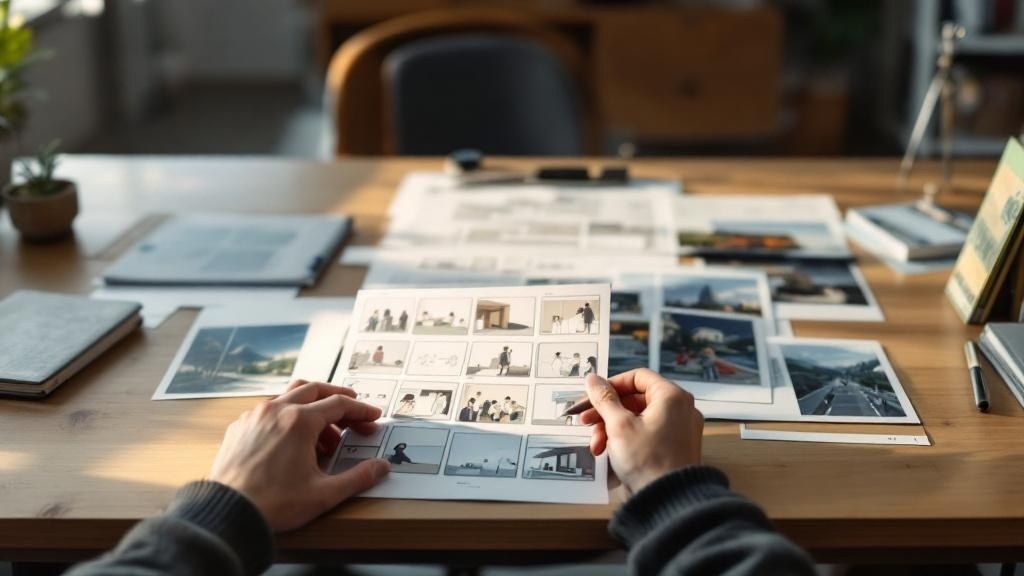 Hands reviewing anime storyboards and location photographs on a wooden desk in a Japanese office