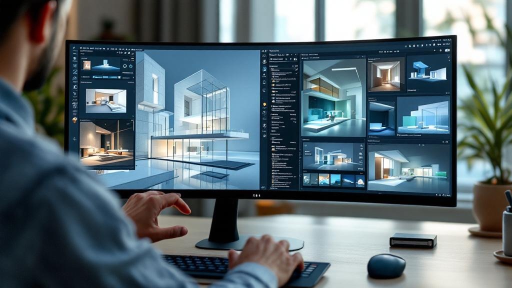 Designer's hands working with a real-time 3D rendering engine on an ultrawide monitor in a Japanese studio