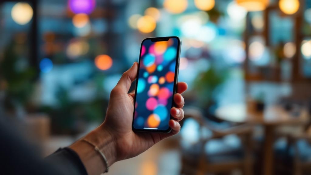 Hands holding a smartphone with blurred app interfaces in a Tokyo cafe setting
