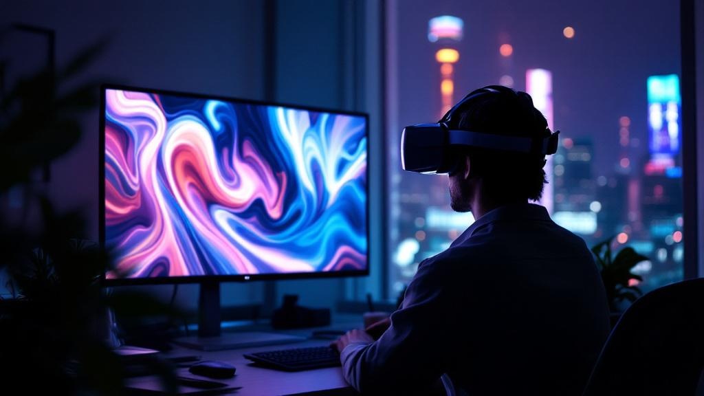 Over-the-shoulder view of a person wearing a VR headset in a Tokyo office with abstract visuals on a monitor and neon city glow from a window