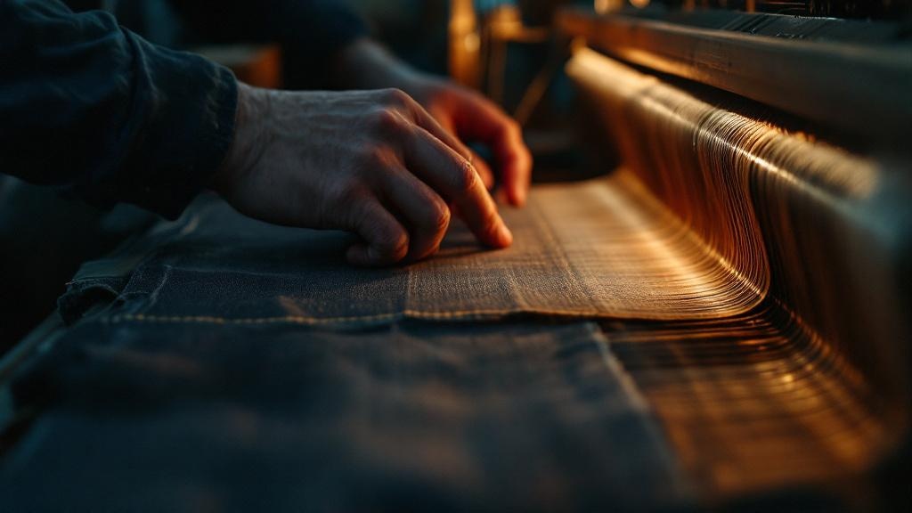 Hands inspecting selvedge denim on a traditional wooden loom in a Japanese workshop