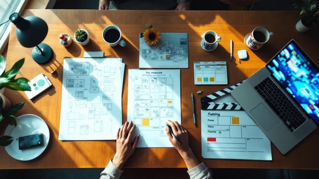 Overhead view of a pre-production planning desk with storyboards, clapperboard, and laptop in a Japanese office