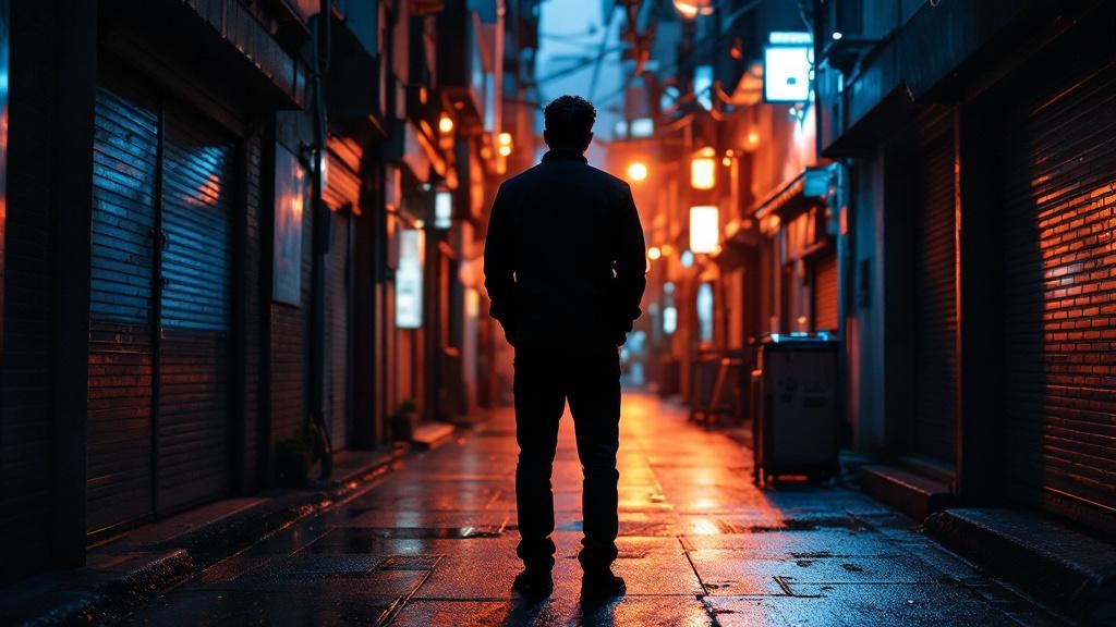 Silhouette of a production coordinator on a film location set in a narrow Tokyo alley at blue hour