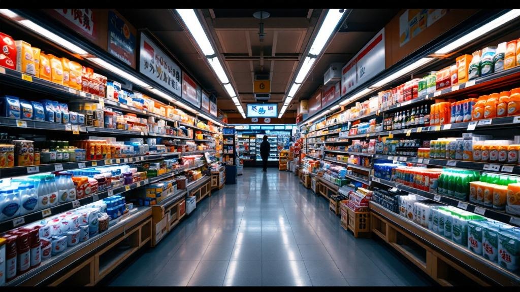 Brightly lit Japanese convenience store aisle at night with densely organized product shelves seen from a low angle