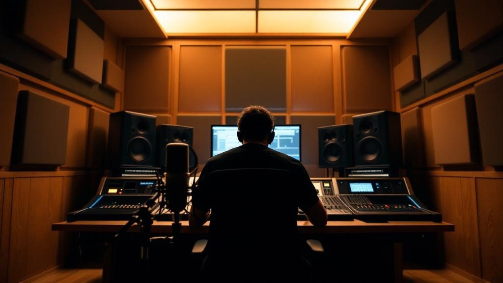 Silhouette of an audio engineer at a mixing console in a wood-paneled sound design studio with acoustic treatment