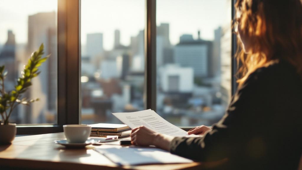Over-the-shoulder view of a coordinator reviewing bilingual documents at a Tokyo office window