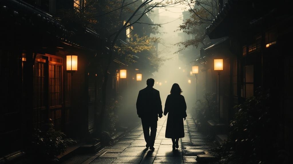 Silhouettes walking through a traditional Kyoto alley with lantern light during a film location scout