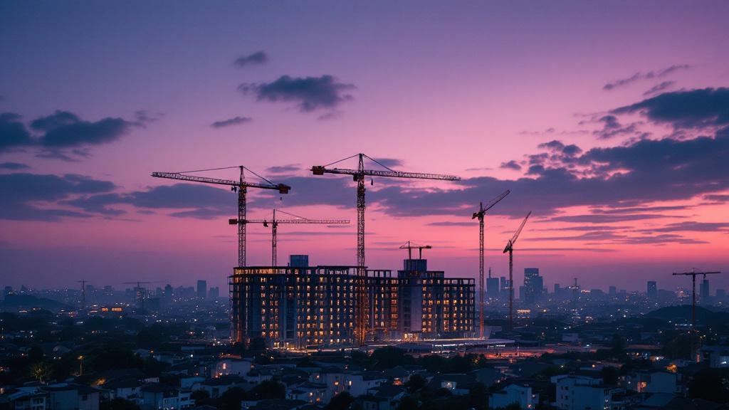 Aerial twilight view of a partially constructed mixed-use development in suburban Tokyo