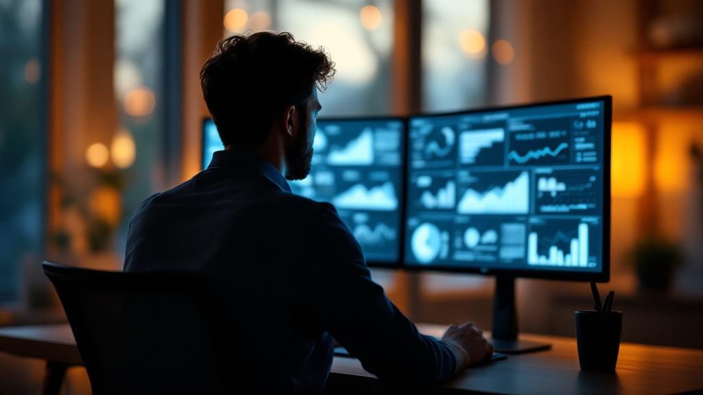Silhouette of a marketer reviewing blurred analytics on dual monitors in a Japanese office