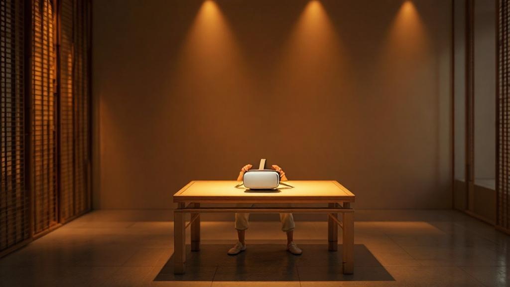 Hands adjusting a VR headset on a display stand in a minimalist Japanese gallery with bamboo accents and warm spotlighting