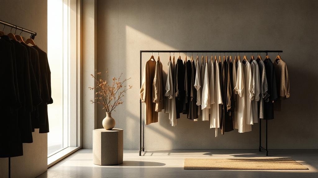 Minimalist fashion showroom with garments on steel racks against concrete walls beside a ceramic vase