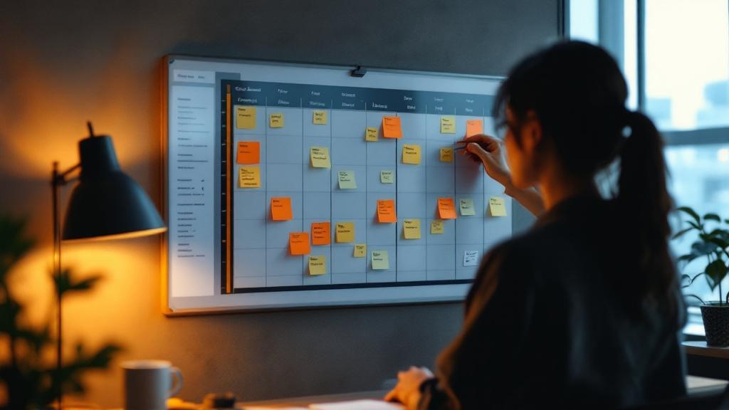 Over-the-shoulder view of a person reviewing a blurred planning timeline on a wall board in a modern Tokyo office