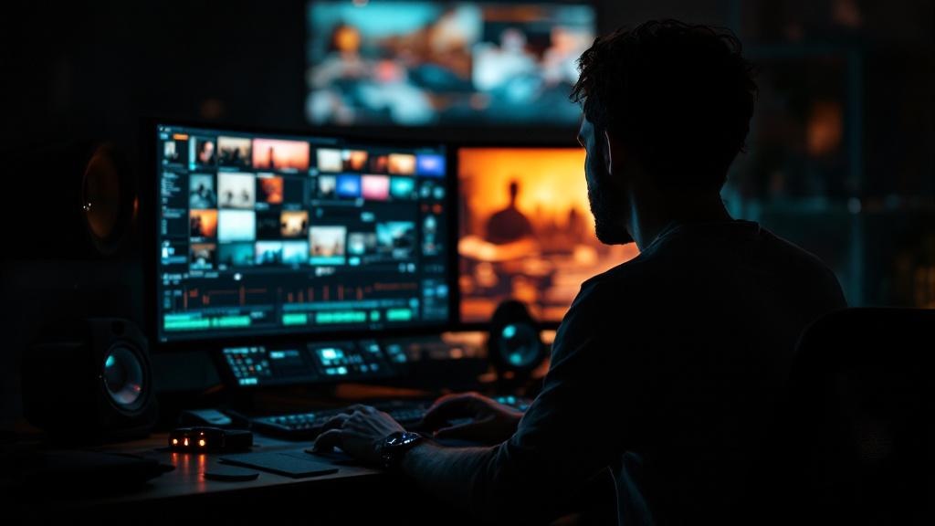 Comprehensive media production pre-production phase — Silhouette of an editor at a color grading workstation with glowing monitors in a dark studio