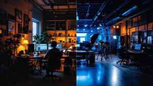 Split view of a warm in-house editing desk and a cool-toned professional production studio in Tokyo