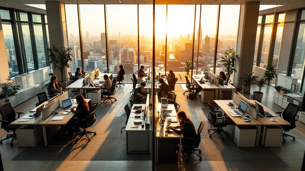 Split view of an empty office and a busy workspace in a Tokyo high-rise at golden hour