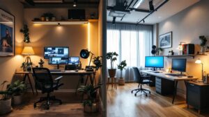 Split view comparing a compact in-house editing desk with a professional agency post-production suite in Tokyo