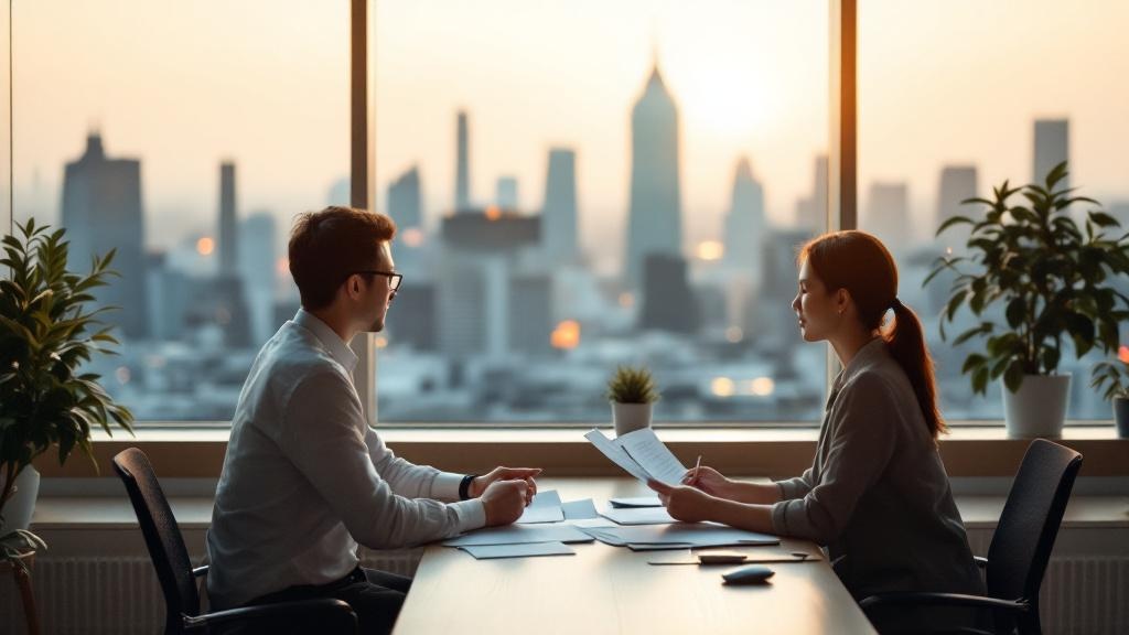 Over-shoulder view of a staff member reviewing documents at a desk in a Japanese university international office with Tokyo skyline beyond the window