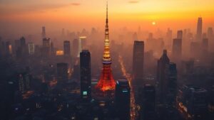Twilight aerial view of Tokyo skyline with cinematic warm and cool lighting