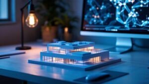 Architectural scale model on a desk next to a monitor displaying abstract 3D wireframes in a Japanese office