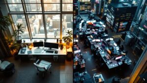 Split perspective of a quiet in-house workspace and a busy agency office in a Tokyo high-rise at golden hour