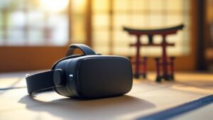 Virtual reality headset placed on tatami flooring next to a shoji screen with soft natural light