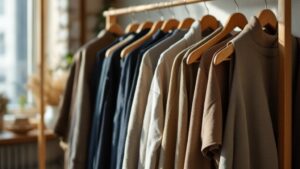 Contemporary Japanese fashion garments displayed on a minimalist wooden rack in a sunlit Tokyo showroom