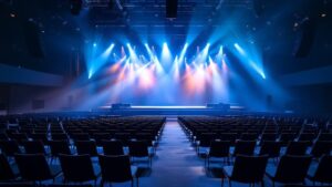 Empty corporate event venue in Tokyo with stage lighting and rows of seating being prepared