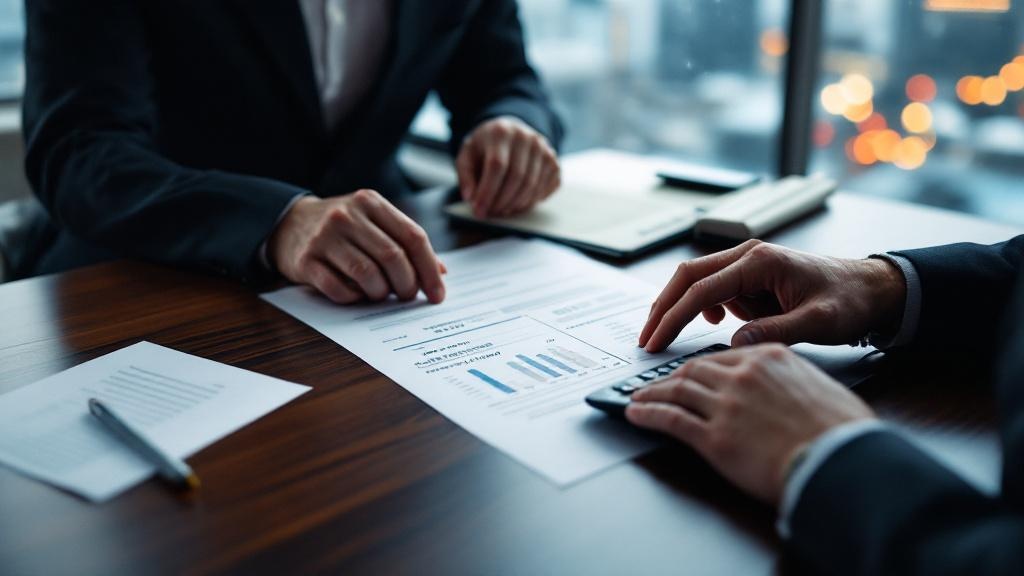 Hands reviewing financial documents and contracts on a walnut desk with Tokyo skyline in background