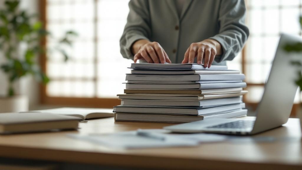Close-up of hands stacking folders beside a laptop on a minimalist Japanese office desk lit by soft morning light