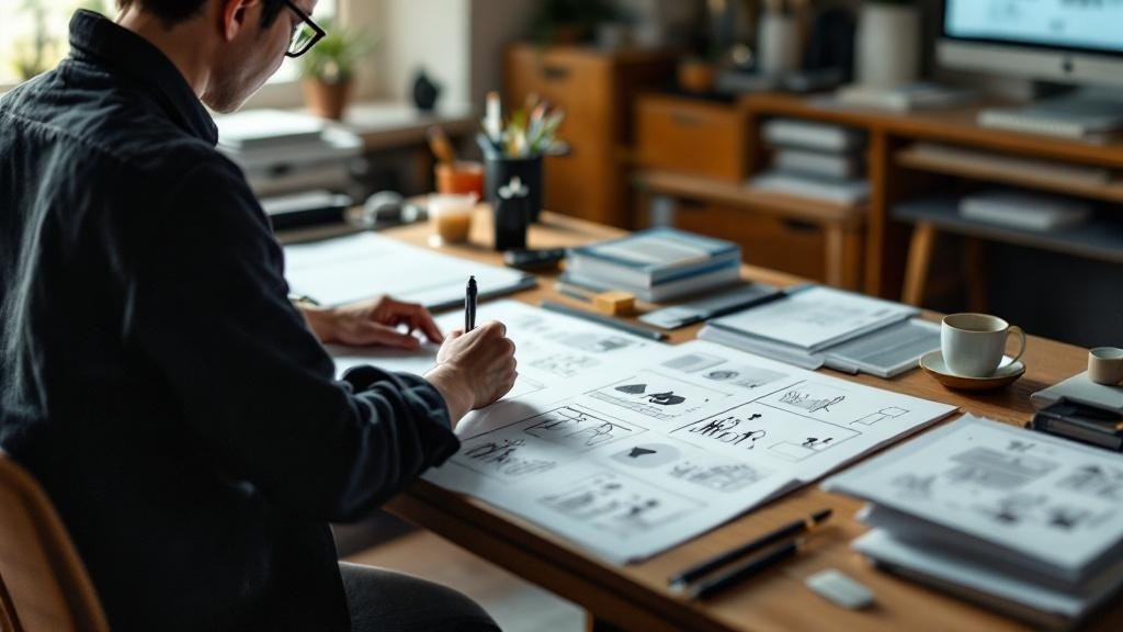 Over-shoulder view of animation storyboards and keyframes on a Japanese studio desk
