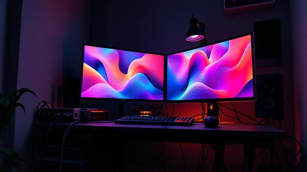 High-performance computer workstation with dual monitors and graphics tablet in a compact Tokyo studio