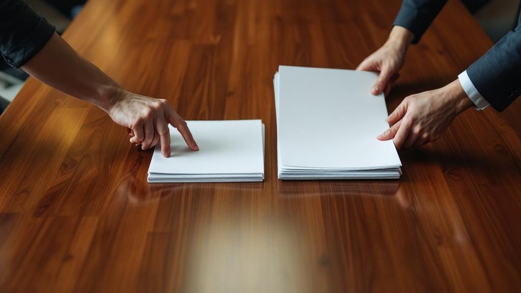 Two pairs of hands exchanging strategy documents across a walnut conference table in a Japanese office