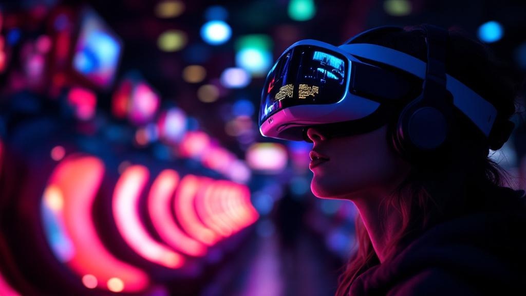 Over-shoulder view of a visitor wearing a VR headset inside a neon-lit Tokyo VR arcade