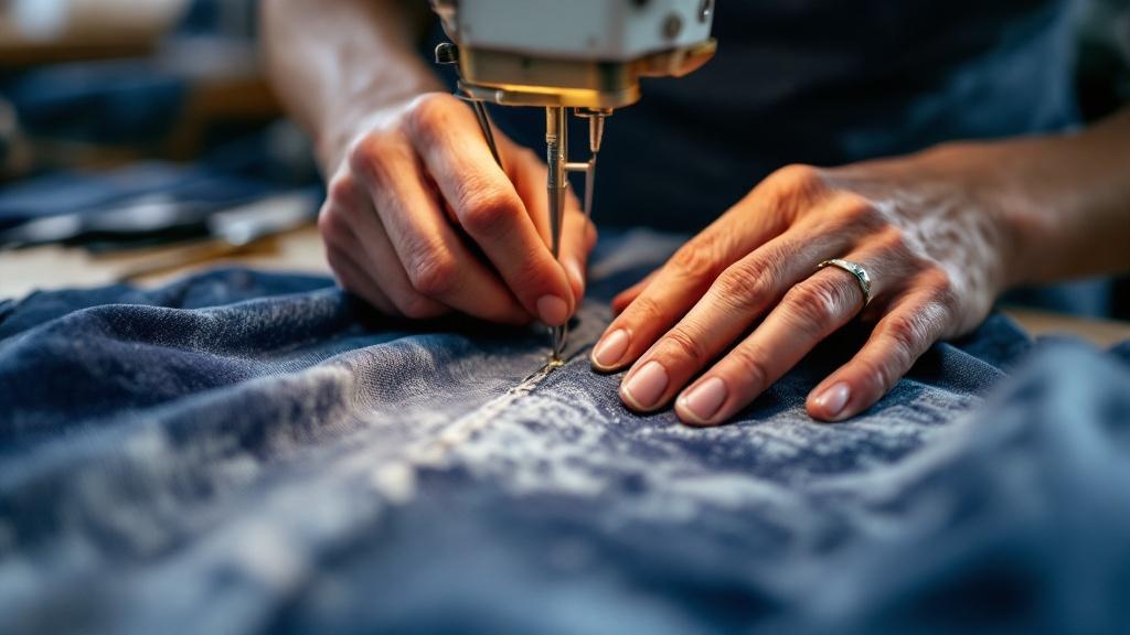 Close-up of hands stitching indigo-dyed denim fabric in a Japanese artisan workshop