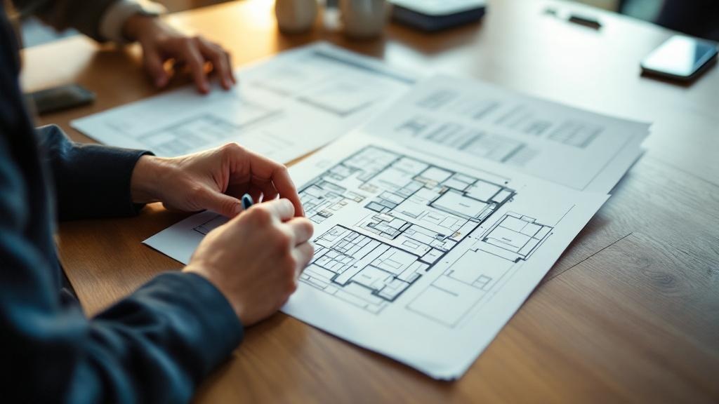 Hands reviewing venue floor plans and layout documents on a conference table