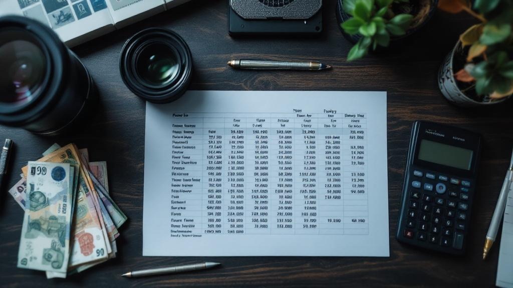In-house video team cost analysis — Overhead view of video equipment, yen currency, and budget documents on a dark wooden desk