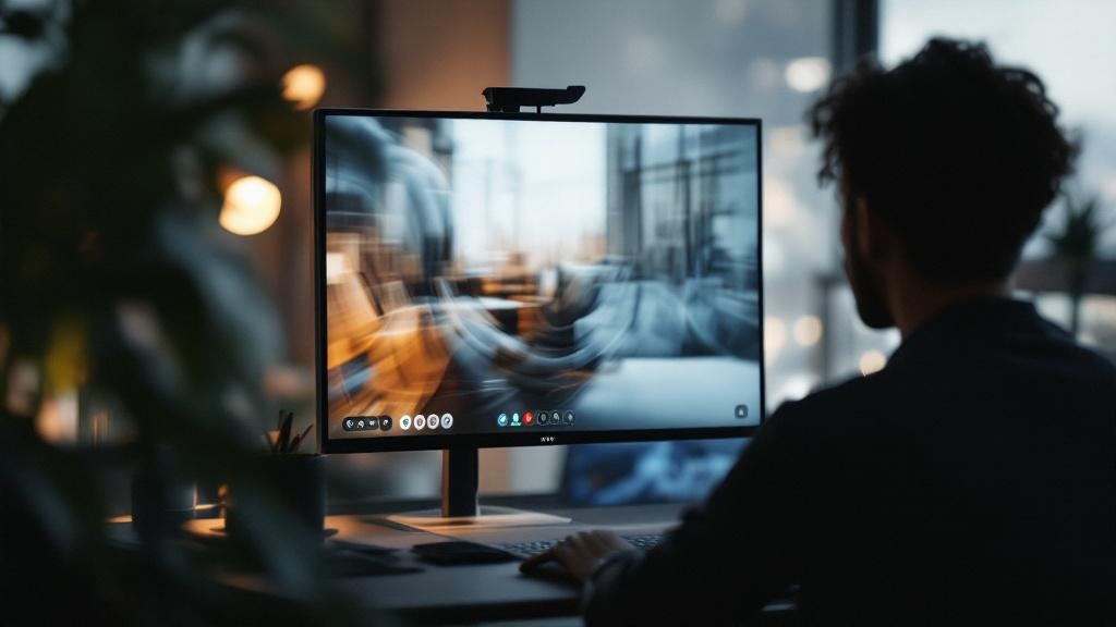 Silhouette at a Tokyo office desk with a screen showing abstract visuals from a remote production partner
