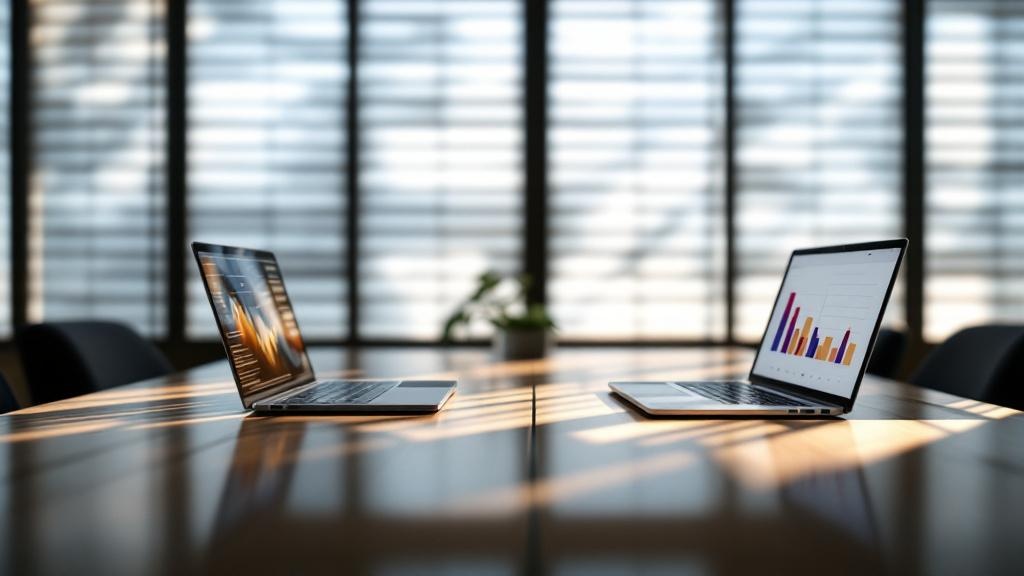 Two laptops facing each other on a Japanese conference table with geometric light from window blinds