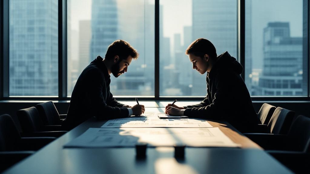 Two silhouetted figures leaning over a large paper map and notebook at a long table in a bright Tokyo meeting space