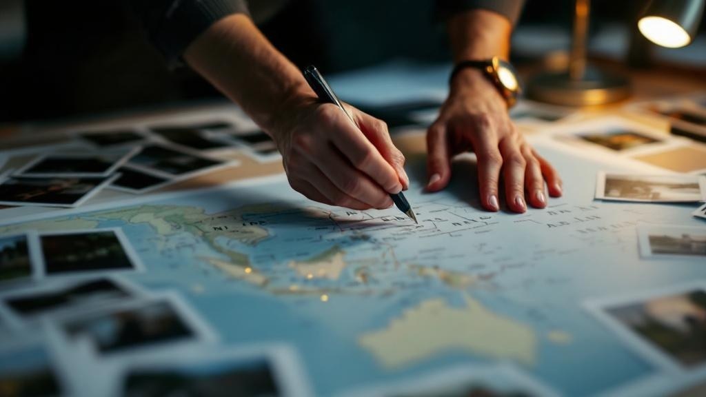 Hands marking a map of Southeast Asia surrounded by location scouting photos on a light table