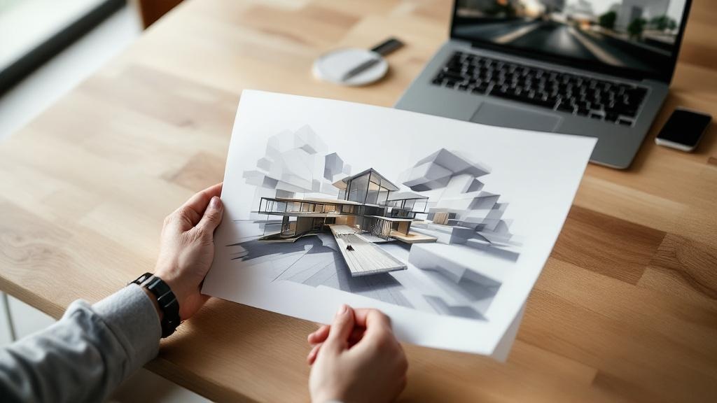 Hands comparing a printed architectural rendering with digital visuals on a laptop at a wooden conference table