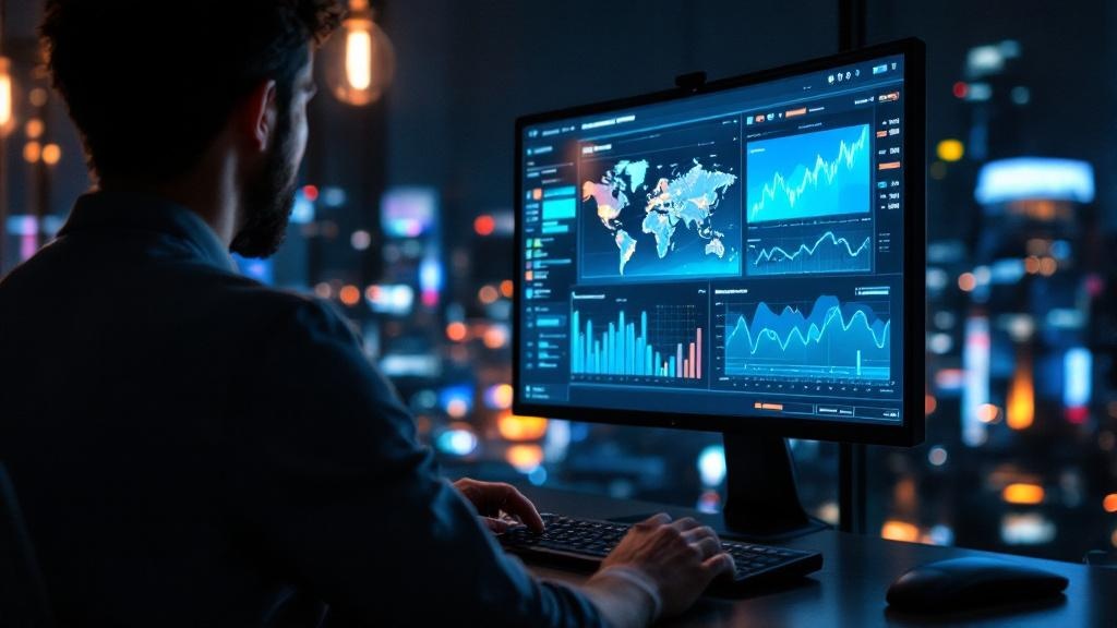 Over-the-shoulder view of a professional reviewing abstract analytics on a monitor with Tokyo night lights in the background