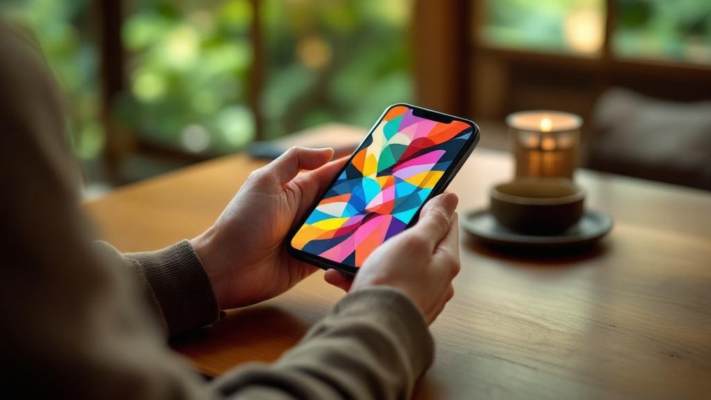 Hands holding a smartphone with abstract visuals at a traditional Japanese low table in a ryokan