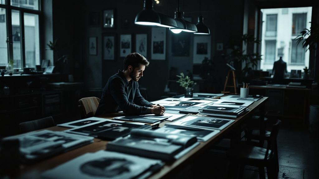 Over-the-shoulder view of a strategist reviewing fashion lookbook layouts in a Tokyo creative studio
