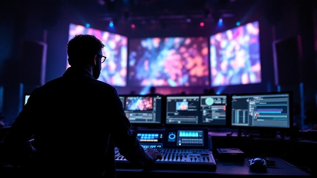 Silhouette of a project manager overseeing hybrid event production equipment backstage