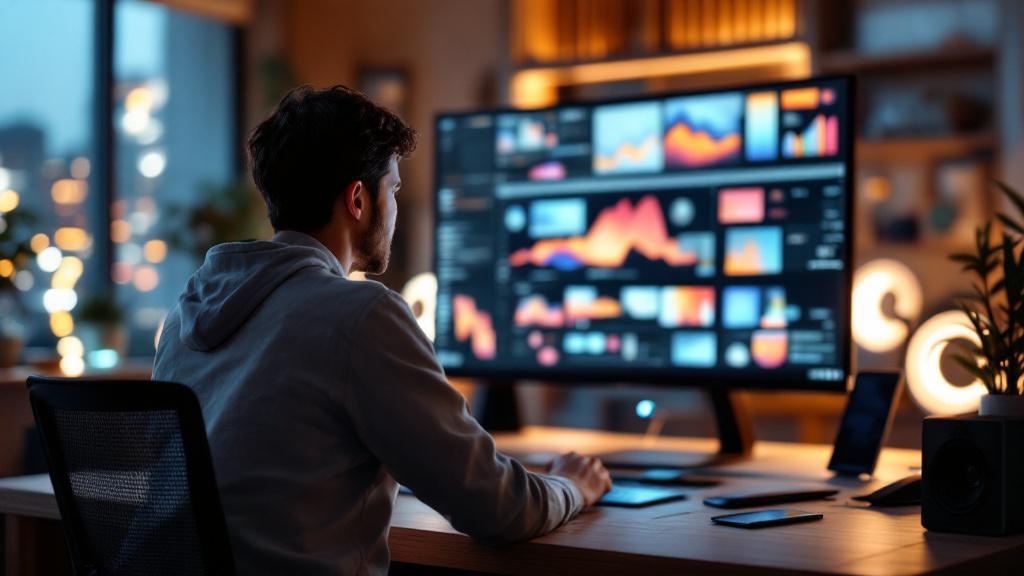 Over-the-shoulder view of a producer reviewing a decision matrix on a monitor in a Japanese office